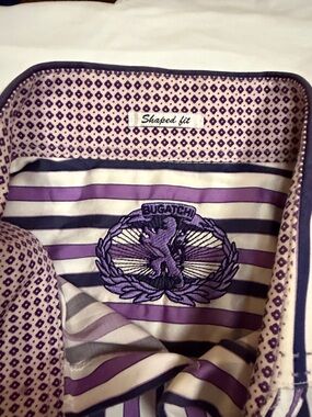 Bugatchi Purple and Ivory Striped Dress Shirt with Patterned Inner Cuff